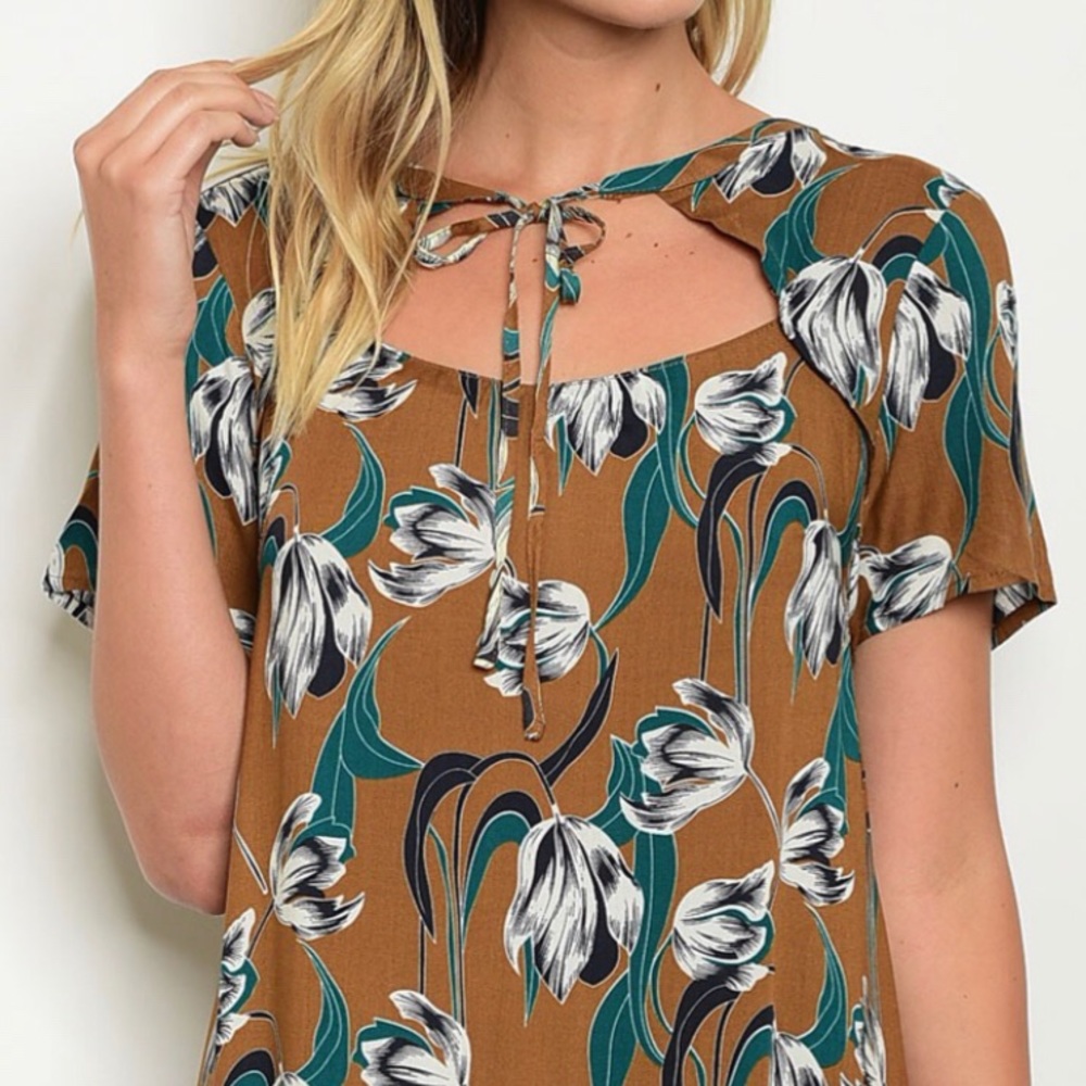 Floral Linen Cheongsam Ruffle Tier Mocha Brown Leafy Green Women's Doll Dress - Picture 2 of 7